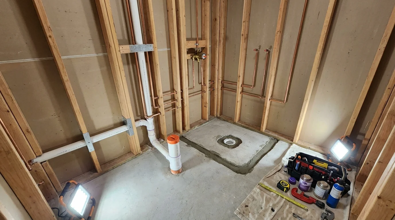 Bathroom rough-in plumbing during remodel by Johns Plumbing LLC in Shutesbury