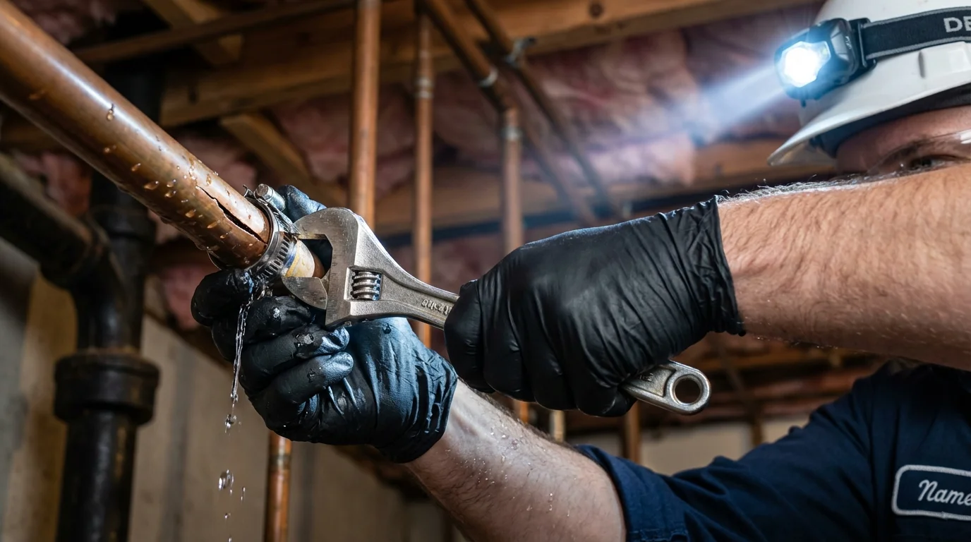 Emergency pipe clamp repair being performed by a Johns Plumbing LLC plumber in Shutesbury