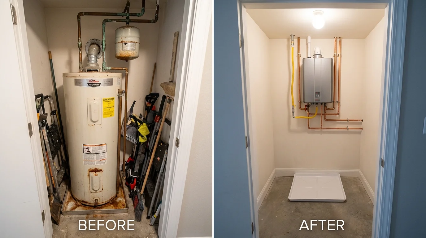 Tank water heater versus wall-mounted tankless unit comparison for Shutesbury, MA homeowners
