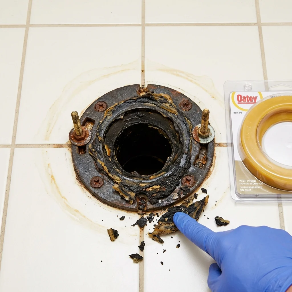 Failed wax ring showing water seepage at the base of a toilet in a Shutesbury, MA home