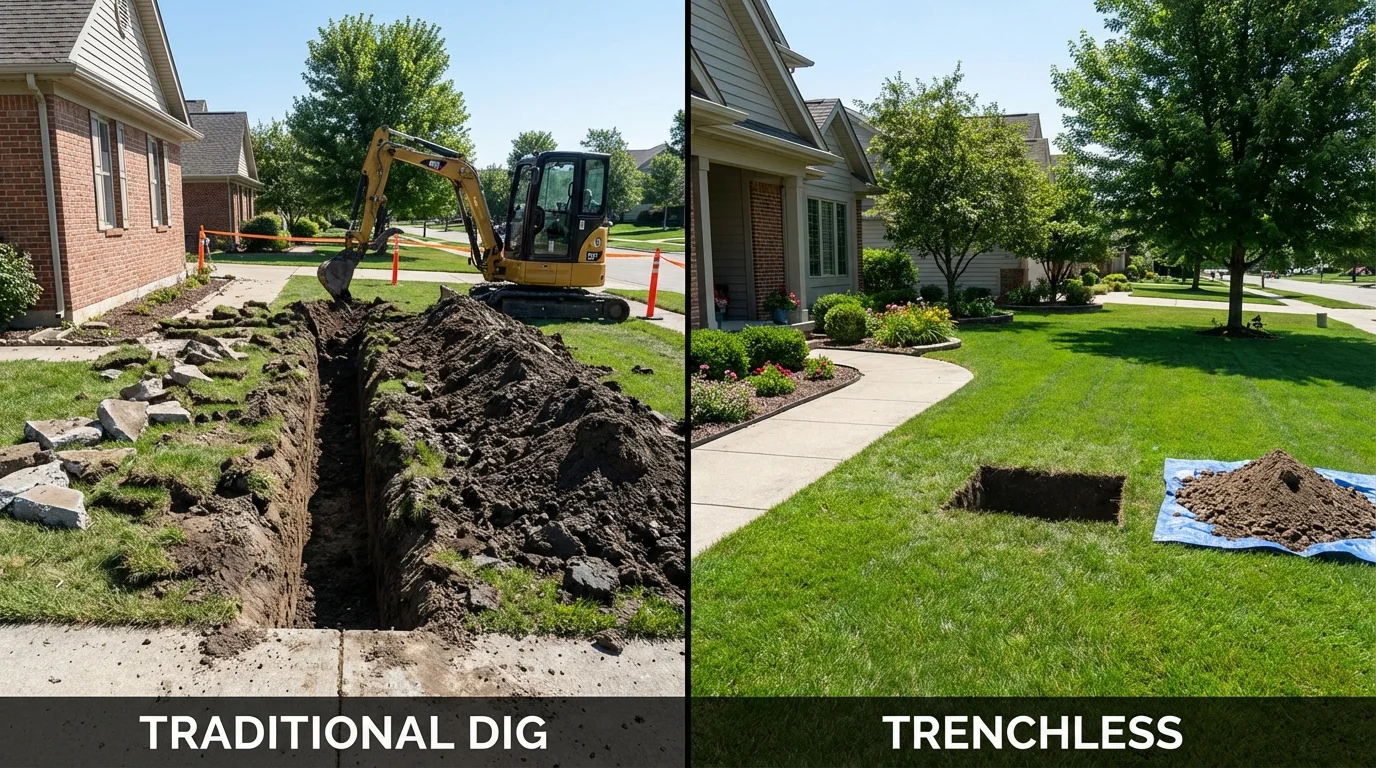 Trenchless sewer repair with minimal yard damage versus traditional excavation in Shutesbury, MA