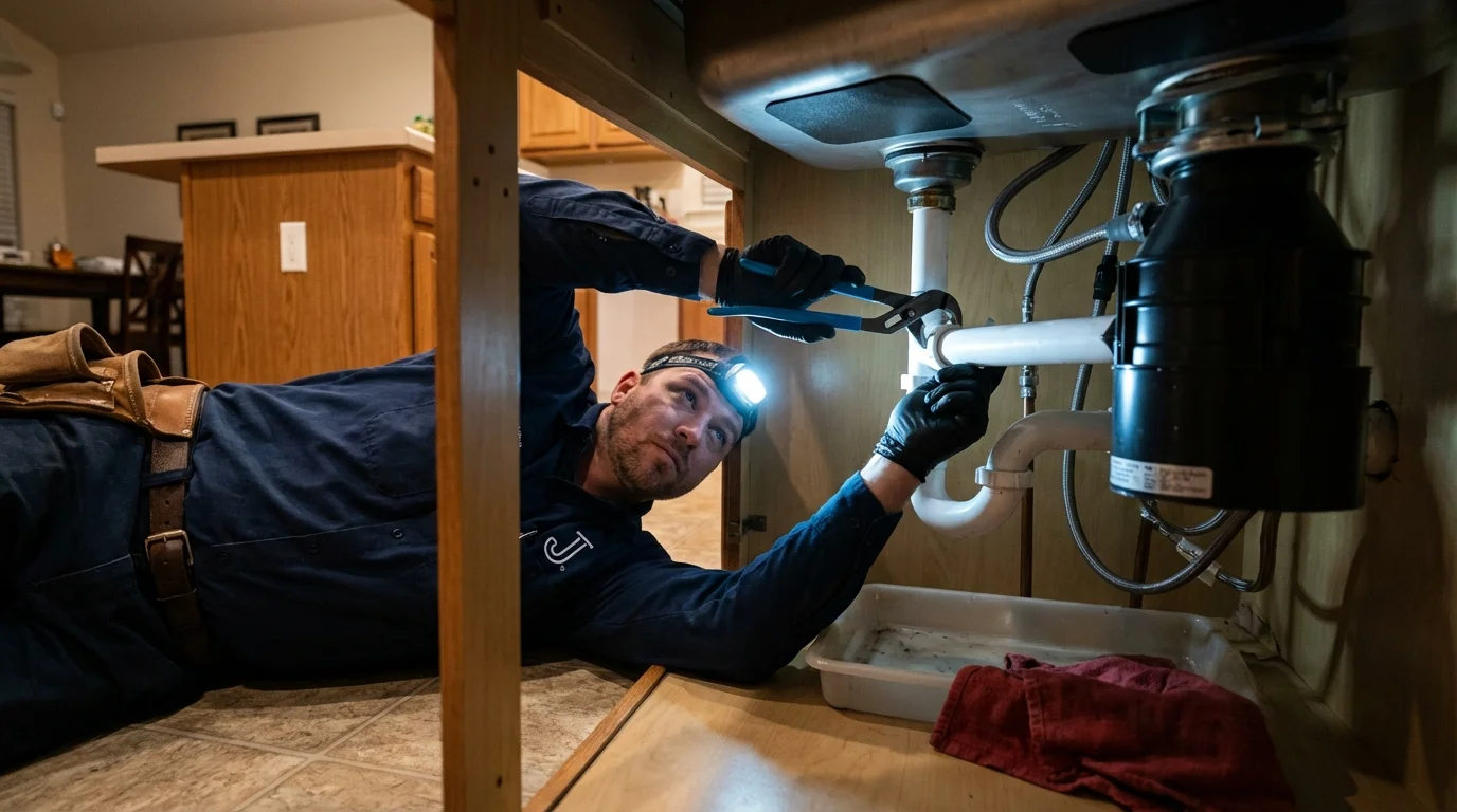 P-trap and supply line connections under a kitchen sink showing a common leak point in Shutesbury, MA